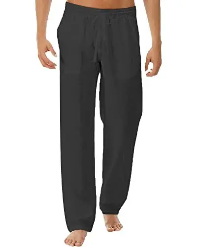 Produktbild: LVCBL Herren Leinenhose Herren Lang Sommerhose Weit Leicht Loose Fit Strandhose mit Kordelzug Dunkelgrau 2XL