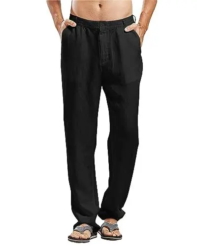 Produktbild: LVCBL Herren Leinenhose Leicht Sommerhose Strandhose Herren Hose Lang mit Taschen Schwarz M