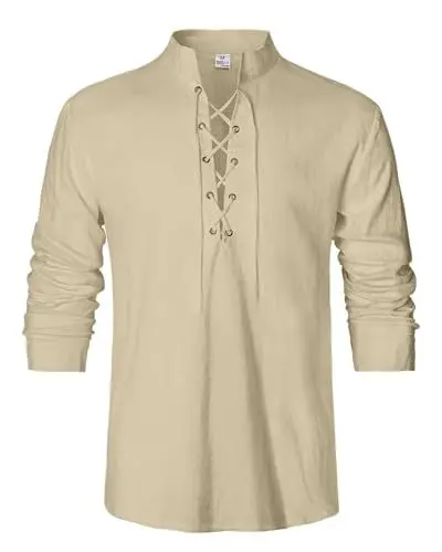 Produktbild: LVCBL Herren Mittelalter Hemd Leinen Piratenhemd Viktorian Langarm Retro Cosplay Hemd Khaki L