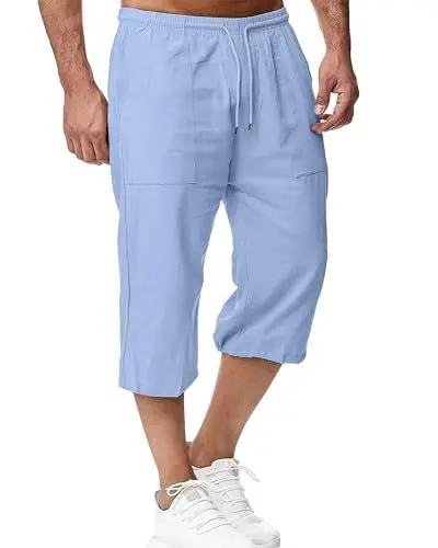 Produktbild: LVCBL Herren Baumwolle Leinen Lose Shorts Mit Kordelzug für Sommer Strand Blau XL