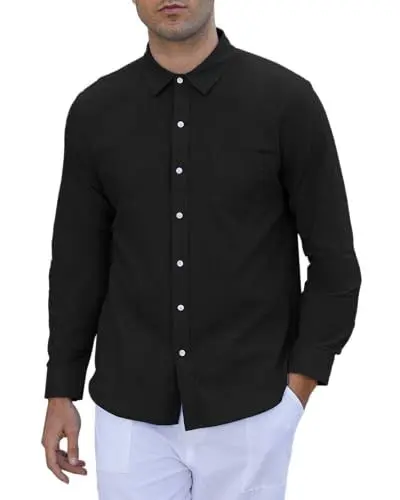 Produktbild: LVCBL Herrenhemden Langarm Leinenhemd Button Down Sommerhemd mit Taschen Schwarz M