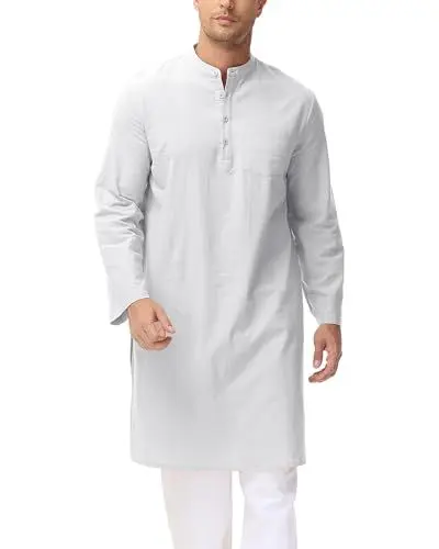 Produktbild: LVCBL Herren Kaftan Thobe Baumwolle Leinen Ethnisch Stehkragen Robes Weiß 3XL