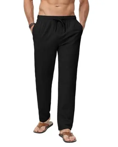 Produktbild: LVCBL Lässige Herren Leinen Hose Klassische Passform Hose mit Taschen Schwarz 2XL