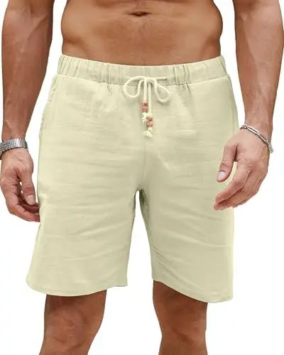 Produktbild: LVCBL Leinen Shorts Herren Sommer Strand Leichtes Bermuda Shorts mit Taschen Beige L