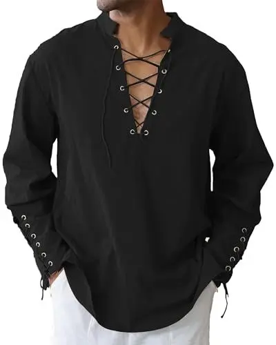 Produktbild: LVCBL Herren Mittelalter Hemd Herren Leinenhemd Langarm Renaissance Viking Shirts Schwarz M