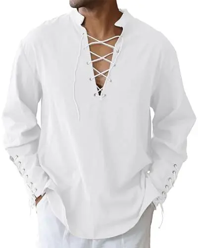 Produktbild: LVCBL Leinenhemd Herren Mittelalter Retro-Stil Langarm Steampunk Hemd Weiß M