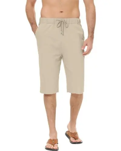 Produktbild: LVCBL 3/4 Hose Herren Leinen Sommer Strandhose mit Tunnelzug Kahki L