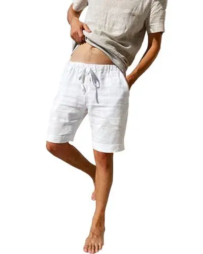 Produktbild: LVCBL Leinenhose Herren Kurz Leinen Shorts für Herren Klassische Passform mit Taschen Weiß XL