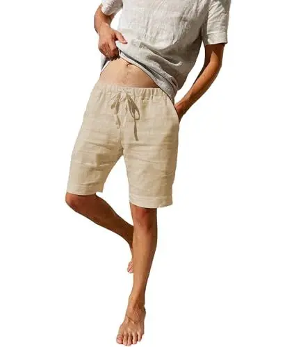 Produktbild: LVCBL Leinen Shorts Herren Kurze Hose mit 2 Tasche Bermuda Hose Sommer Khaki M