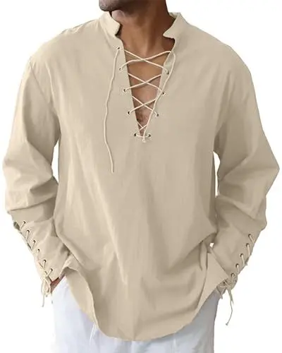 Produktbild: LVCBL Mittelalter Kleidung Herren Langarm Leinenhemd Piraten Stehkragen Tops Khaki 3XL