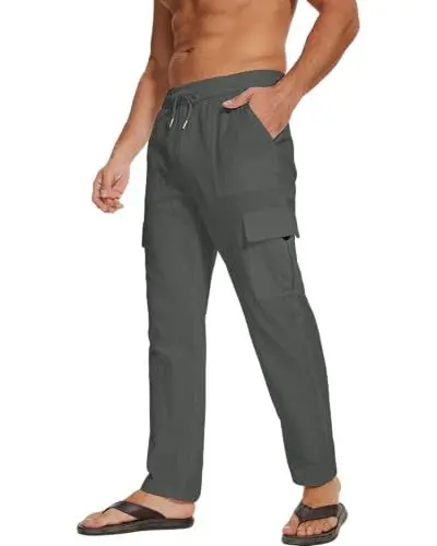 Produktbild: LVCBL Leinenhose Herren Lässige Sommer Strandhose mit Kordelzug Dunkelgrau XL