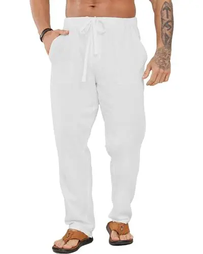 Produktbild: LVCBL Sommer Herrenhose Lässige Kordelzug Strand Hose mit elastischem Bund Weiß 2XL