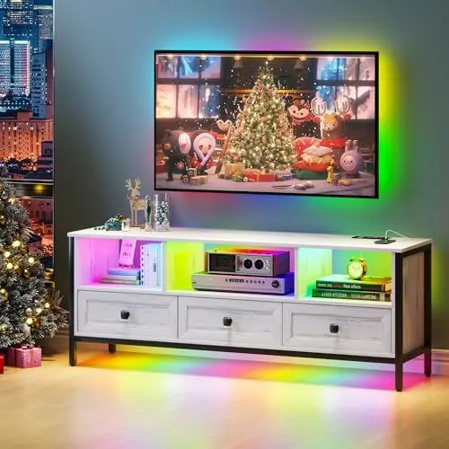 Produktbild: Lvifur LED TV Cabinet für 70 Zoll Fernseher, 24 Dimmbar TV Schrank mit Ladestation, Fernsehschrank mit 3 Schubladen Automatischer Sensorbeleuchtung Möbel Wohnzimmer 150 × 40 × 56 cm