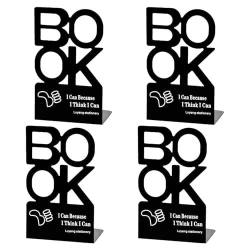 Produktbild: Lvjkes Buchstütze, 4 Stück Buchstützen Metall, Aushöhlen Buchstützen, Geeignet zum Lesenlernen, für die Schulbibliothek von Kindern und als Desktop-Speicher für das Heimbüro (Muster:Book-Schwarz)