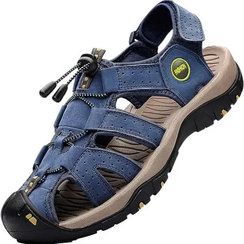 Produktbild: Lvptsh Outdoor Sandalen Herren Leder Wandersandalen Trekkingsandalen Männer Wanderschuhe Sommer Geschlossene Wasser Fischer Sport Sandalen,Blau/2,EU44