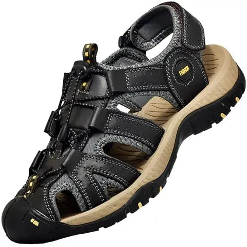 Produktbild: Lvptsh Outdoor Sandalen Herren Leder Wandersandalen Trekkingsandalen Männer Wanderschuhe Sommer Geschlossene Wasser Fischer Sport Sandalen,Schwarz/1,EU43