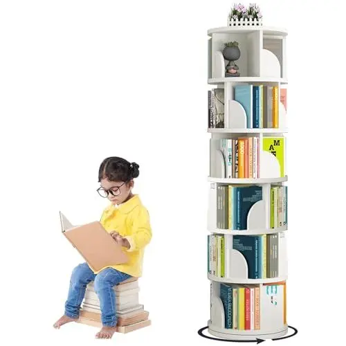 Produktbild: LVRUIEDS Drehbares Bücherregal, Kleines Eckbücherregal Für Kleine Räume, Bodenstehendes -Aufbewahrungsregal Mit 4 Ebenen, Schmales -Organizer Aus Holz Für Schlafzimmer, Wohnzimme