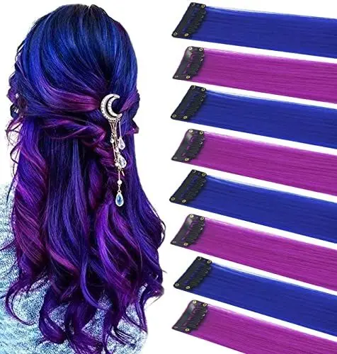 Produktbild: LVSHANGMAO 8 Stück farbige Haarverlängerungen, mehrfarbige Party-Highlights Clip in synthetische Haarverlängerungen 21 Zoll (Blau Lila)