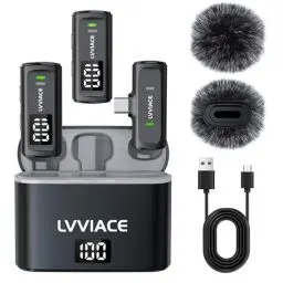 Produktbild: LVVIACE Lavalier Mikrofon für Telefone mit USB-Typ-C-Anschlüssen, 40 Stunden Akkulaufzeit mit Sender-Digitalanzeige-Ladeetui, 82 Fuß kabelloses Mini Mikrofon mit Geräuschunterdrückung (USB Typ C)