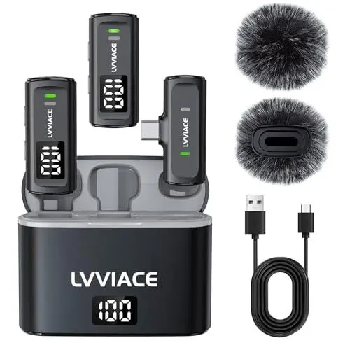 Produktbild: LVVIACE Lavalier Mikrofon für Telefone mit USB-Typ-C-Anschlüssen, 40 Stunden Akkulaufzeit mit Sender-Digitalanzeige-Ladeetui, 82 Fuß kabelloses Mini Mikrofon mit Geräuschunterdrückung (USB Typ C)