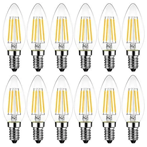 Produktbild: LVWIT E14 Kerze LED Lampe für Kronleuchter, 470 lm, E14 Glühbirne Kerzeform 4W ersetzt 40 Watt, 2700K Warmweiß, Filament Fadenlampe, Glas, nicht dimmbar (12er Pack)