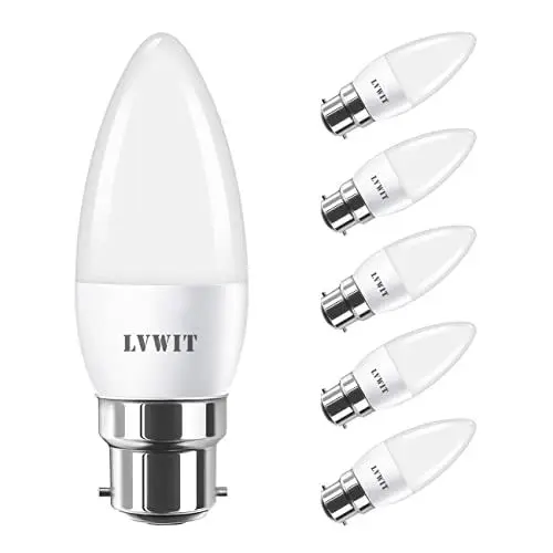 Produktbild: LVWIT LED Lampe B22, 470 lm, 2700K Warmweiß, ersetzt 40 Watt, 5W LED Leuchtmittel in Kerzenform C37, matt (6er Pack)
