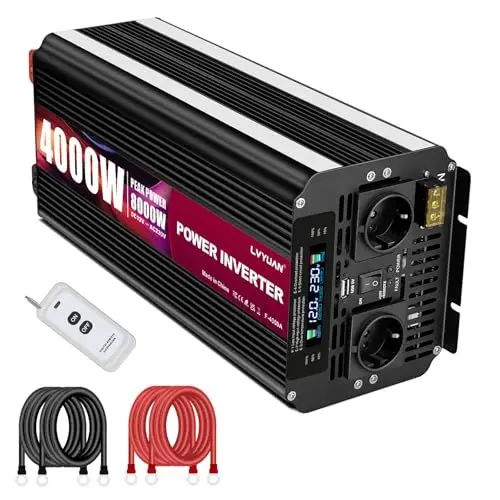 Produktbild: LVYUAN Wechselrichter 12V 230V 4000W /8000W Spannungswandler Konverter mit Drahtloser Fernbedienung, 2 Steckdose 1 USB und LCD Display für Auto, RV, LKW, Off Grid Solar System, Camping