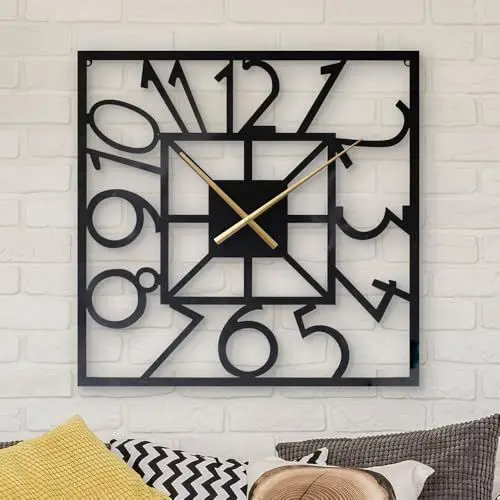 Produktbild: LW Collection Wanduhr Senna Schwarz mit Goldenen Zeigern 60cm - Große industrielle Wanduhr Metall - Minimalistische Quadratische Wanduhr industriell - Stille Uhr