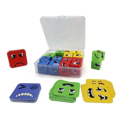 Produktbild: LWLWA Face Changing Magic Cube 16 Stück, Hölzern Würfelpuzzle Puzzle, Mehrspieler-Iq Puzzle, Inklusive 64 Ausdruckskarten, Lern-, Lernspiele, für Familientreffen, Eltern-Kind-Aktivitäten