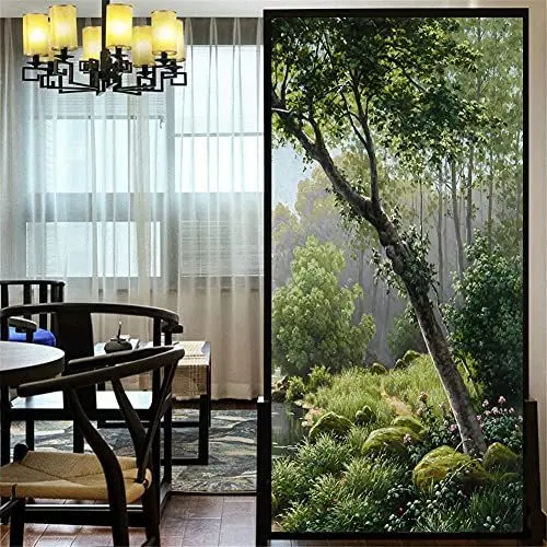 Produktbild: LXDWEI Dekorative Fensterfolie Privatsphäre Waldbach-Landschaft Ölgemälde statisch haftende Fensteraufkleber kein Kleber mattierte Fensterverkleidungen Fenstertönung 42x160 cm