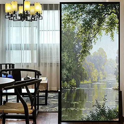Produktbild: LXDWEI Dekorative Fensterfolie Privatsphäre Waldbach-Landschaft Ölgemälde statisch haftende Fensteraufkleber kein Kleber mattierte Fensterverkleidungen Fenstertönung 69x140 cm