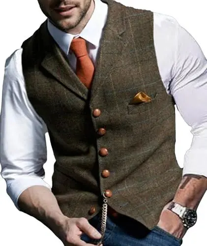 Produktbild: Lxitoler Herren Anzug Weste 20Er Jahre Tweed Karo Trachtenweste Oktoberfest Outfit Sakko Sportlich