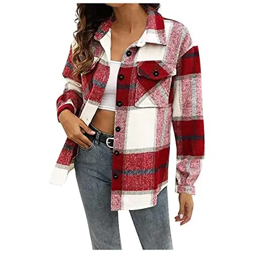 Produktbild: Lxitoler Mantel Flanell Jacke Kariertes Hemd Damen Flanell Jacke Hemdbluse Mit Knöpfen Shirts & Blusen Elegante Oberteile Damen Herbst Kleidung Damen Herbst Jacke Damen Damen Hemdbluse Flanell Jacke