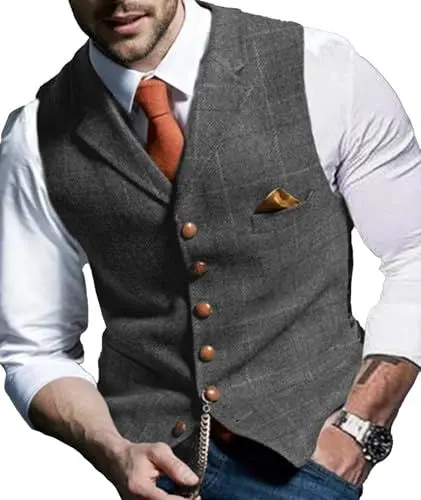 Produktbild: Trachtenweste Für Herren - Lässiger Tweed Fischgrätenmuster Mittelalter Smokingweste - Steampunk Halloween Trachtengilet Einfarbig