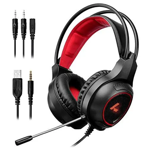 Produktbild: LYCANDER Gaming-Headset mit Mikrofon und LED-Licht, 3,5 mm Eingang, für PC, PS4, Xbox One, Nintendo Switch und mehr (Essential - Schwarz und Rot)