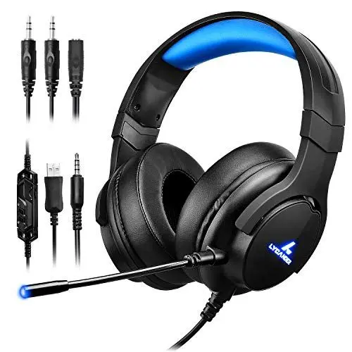 Produktbild: LYCANDER Gaming-Headset mit Mikrofon und LED-Licht, 3,5 mm Eingang, für PC, PS4, Xbox One, Nintendo Switch und mehr (Intermediate - Schwarz und blau)