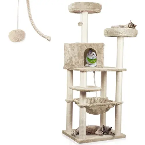 Produktbild: Lycce Kratzbaum groß Royal 145 cm hoch mehrstöckiger Katzenbaum inkl. 10 Kratzsäulen mit vollständiger Sisalumwicklung, Höhle, Hängematte, 4 Plattformen, Plüschball, beige, sehr stabil, platzsparend