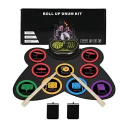 Produktbild: Lychee Elektronisches Schlagzeug-Set, faltbar, 9 Pads, rollbar, Stereo, integrierte Lautsprecher, tolles Urlaub, Weihnachten, Geburtstagsgeschenk für Kinder & Erwachsene & Anfänger
