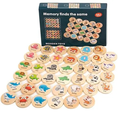 Produktbild: LYCHEON Memory-Spiel aus Holz, Legekartenspiel aus Matching mit Holz Kognitionskarten, Montessori Spielzeug für Kinder ab 4 6 Jahre (Tierwald und Meeresleben)