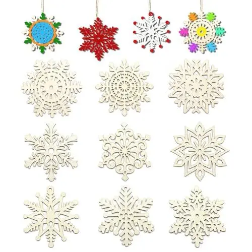 Produktbild: LYCTEIKI 36 Stück Schneeflocken Weihnachten Deko Holz Holzanhänger, 9 Verschiedene Weihnachtsbaumschmuck Designs Schneeflocken Deko für Weihnachten Hochzeit Party