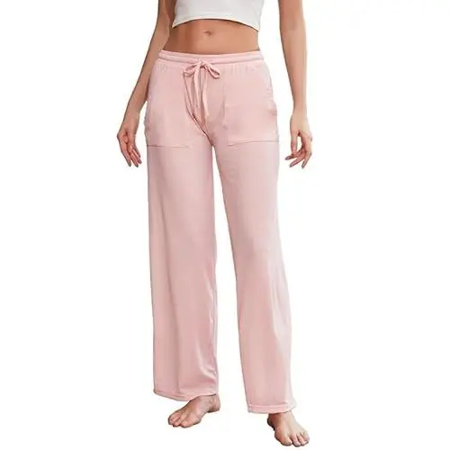 Produktbild: LYCY Pyjamahose Damen lang weiche Schlafanzughose mit weitem Bein Schlafhose Stretch Freizeithose mit Taschen (Schmutzigrosa, M)