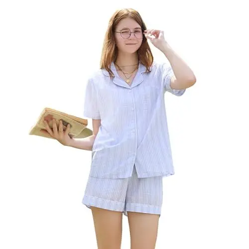 Produktbild: LYCY Schlafanzug Damen kurz 100% Baumwolle Shorty Pyjama Sommer Set kariert leichte Nachtwäsche (Blau-Grün Gestreift, L)