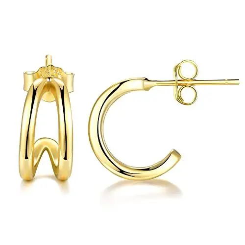 Produktbild: Lydreewam Kleine Halbe Creolen Silber 925 für Damen Mädchen, Mini Huggie Creolen Ohrringe, 12mm Durchmesser Doppel Creolen (Gold)
