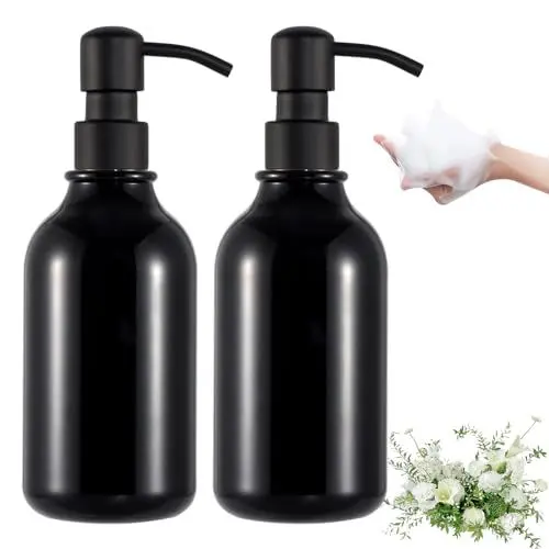 Produktbild: Lyfeesis Seifenspender Set, 2er Pack Seifenspender Schwarz, 500 ml Küchenseifenspender, Kunststoff-Duschseifenspender für Bad und Küche, mit Edelstahl-Glatt-Pumpenkopf und 5 Aufklebern