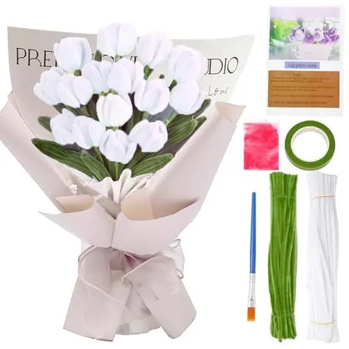 Produktbild: Lyfeesis Tulpen Blumenstrauß Pfeifenreiniger, 200 Stück Pfeifenputzer Rosa und Grün zum Basteln, Künstliche Blumen Pfeifenreiniger Chenilledraht DIY Geschenke für Männer, Ehefrau oder Ehemann (Weiß)