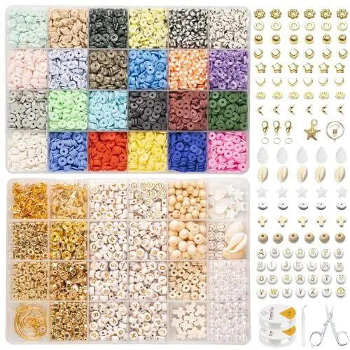 Produktbild: Lynnmos 9200+ Stück Fädelperlenset - 6mm Polymer Clay Perlen für Armbänder. Inklusive 24 Farben, 1 Box mit Buchstaben und reichlich Zubehör für erwachsene DIY-Halsketten, Ohrringe und mehr.