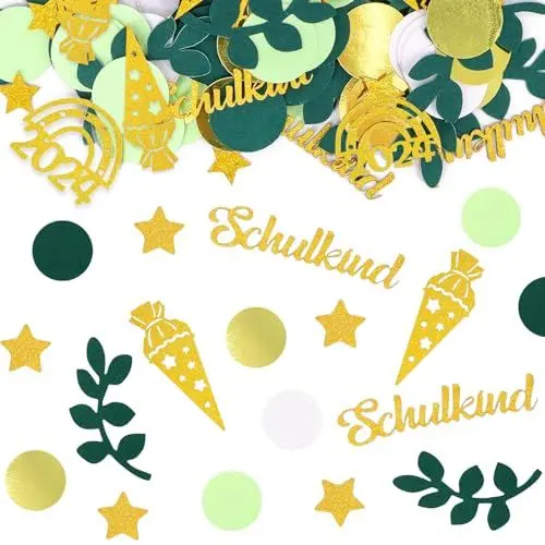 Produktbild: LYNSAN 200 Stück Einschulung Konfetti Streudeko, Schulanfang Deko Gold Grün, Tischdeko Einschulung Konfetti, Tischdeko Schulkind Deko, Einschulung Deko Mädchen und Jungen