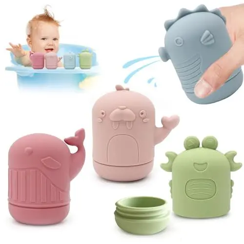 Produktbild: LYNSAN 4 Stück Badewannenspielzeug, Badespielzeug Baby Silikon, Badewanne Spielzeug Spritztiere Kinder, Wasserspielzeug Badewanne Pool Geschenke für Babys Kleinkinder Jungen Mädchen ab 6 Monate 1 Jahr