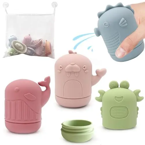 Produktbild: LYNSAN Badewannenspielzeug, 4 Stück Badespielzeug Baby mit Aufbewahrungstasche, Badewanne Spielzeug Spritztiere, Wasserspielzeug Geschenke für Babys Kleinkinder Jungen Mädchen ab 6 Monate 1 2 3 Jahr