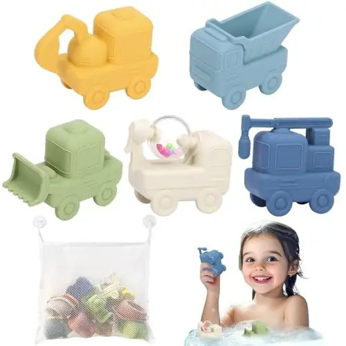 Produktbild: LYNSAN Badewannenspielzeug, Badespielzeug Silikon für Baby und Kinder, 5er-Pack Fahrzeuge Vehicles Badespielzeug, Wasserspielzeug Badewanne Pool Spielzeug, Spritztier, Auto, Lastwagen, Bagger